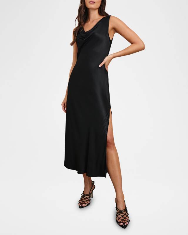 Nat Satin Cowl-Neck Midi Dress